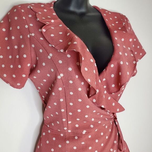 Miley + Molly Pink Retro Polka Dot Ruffle Trim Pin Up 50s True Wrap Dress Size M - Picture 2 of 5